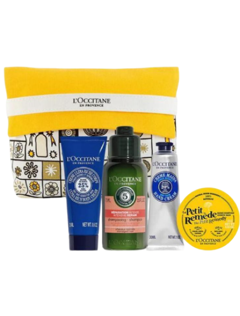 L'occitane Cofanetto Trousse Scoperta Classica Crema Corpo Ultra Ricca Karité 20 Ml + Shampoo Riparazione Intensa 75 Ml + Crema Mani Karité 30 Ml + Petit Remède 15 Gr