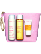 Clarins Cofanetto Perfect Cleansing Pelle Normale A Secca – Velvet Cleansing Milk 200 Ml + Hydrating Toning Lotion 200 Ml + Comfort Scrub 15 Ml + Pochette