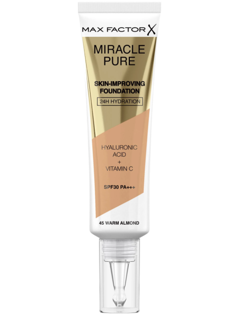 Max Factor Miracle Pure Skin-Improving Foundation Con Acido Ialuronico E Vitamina C Fondotinta Idratante 24 H Spf30 - 045 Warm Almond