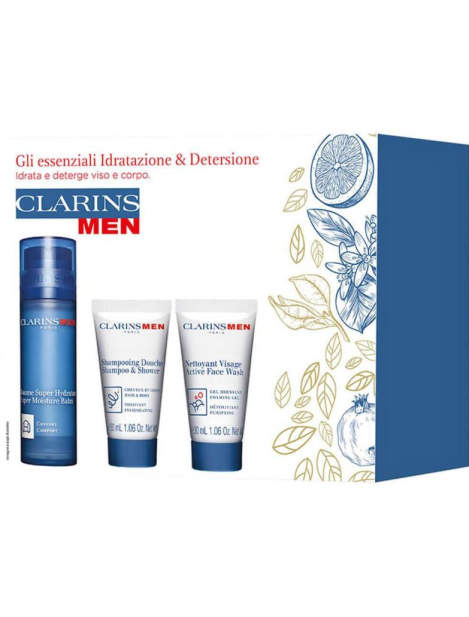 Clarins Men Cofanetto Gli Essenziali Idratazione & Detersione – Super Moisture Balm 50 Ml + Shampoo & Shower 30 Ml + Active Face Wash 30 Ml
