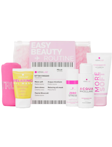 Veralab Cofanetto Easy Beauty Routine Pelle Sensibile Kit Da Viaggio Completo Per La Cura Del Viso Con Pelle Sensibile Acqua Micellare + Olio Denso + Panno In Microfibra + Luce Liquida + Crema Viso Zero Stress