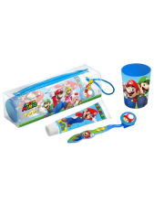 Super Mario Kit Da Viaggio Bimbi Spazzolino + Dentifricio + Bicchiere - 3pz