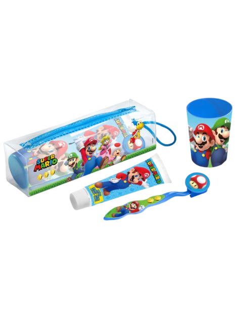 Super Mario Kit Da Viaggio Bimbi Spazzolino + Dentifricio + Bicchiere - 3Pz